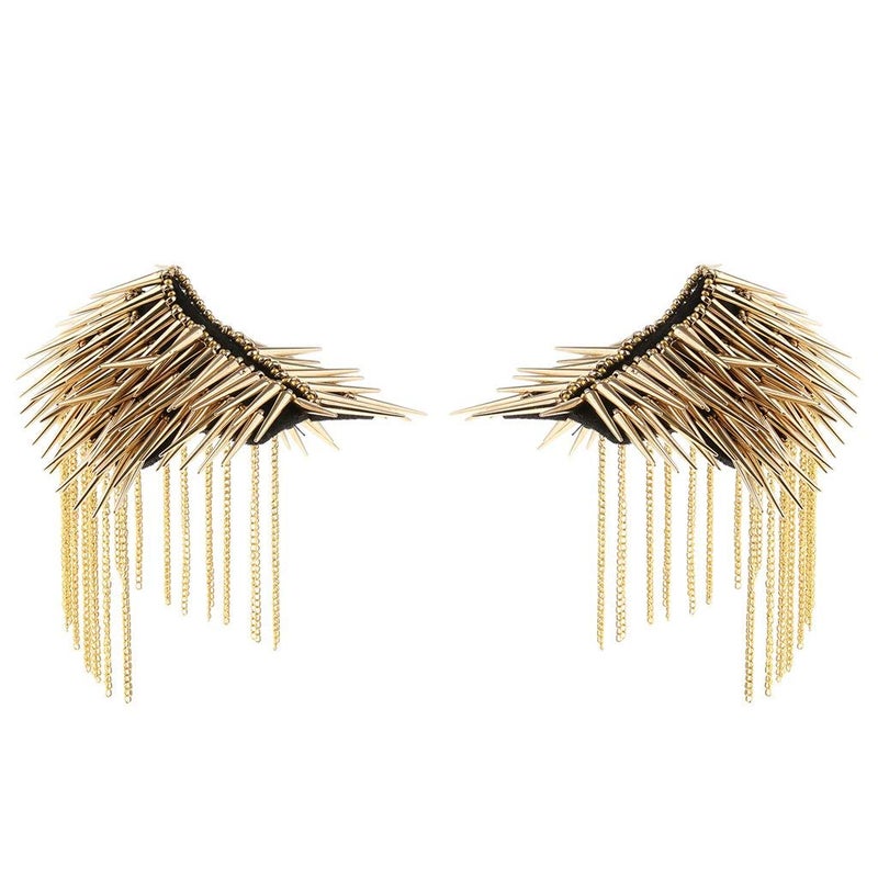 KODORIA 1 Pair Shoulder Epaulet Crystal Rhinestone Punk Rivet Tassels Shoulder Board Arm Badge Brooch Gifts - Golden - Image 1